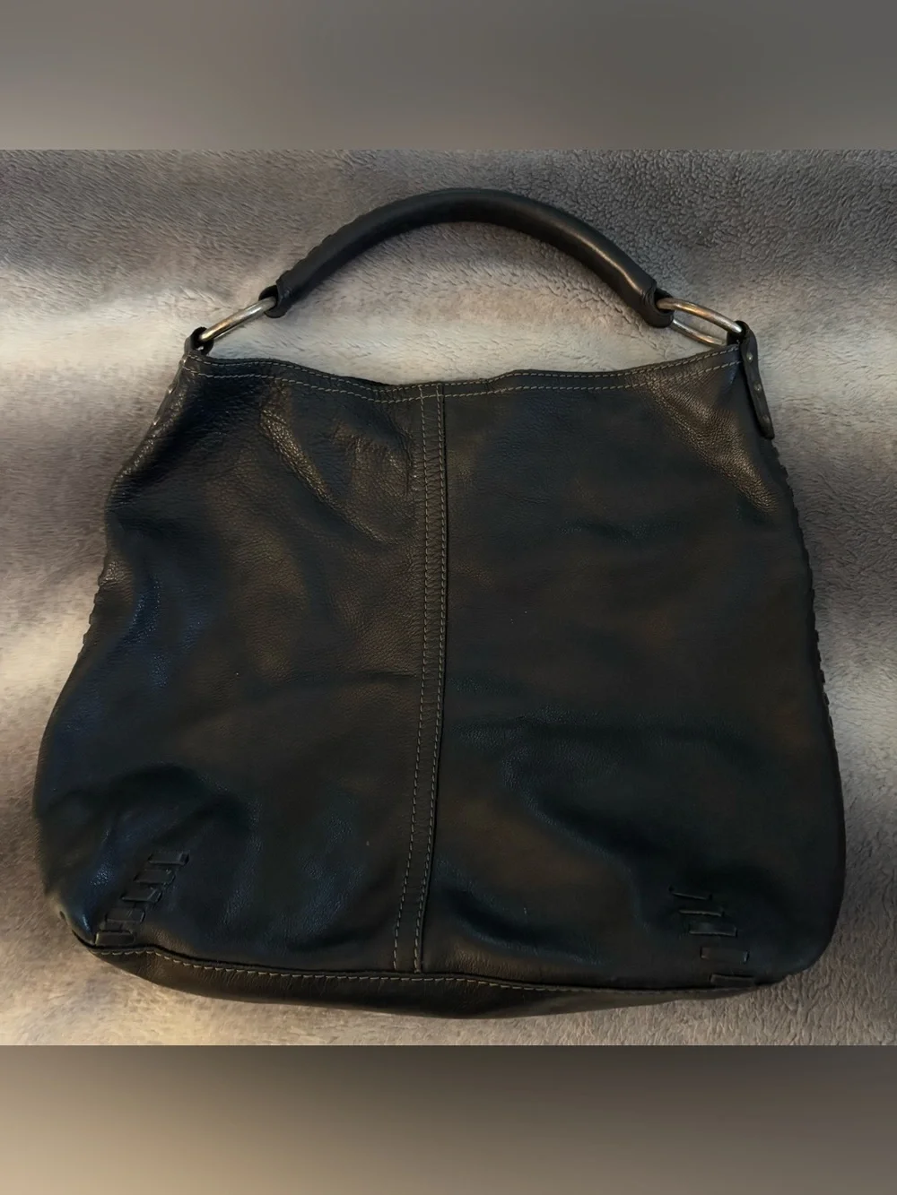 Lucky Brand Black Leather StuddedHobo Bag Whipstitch Slouchy Shoulder Purse